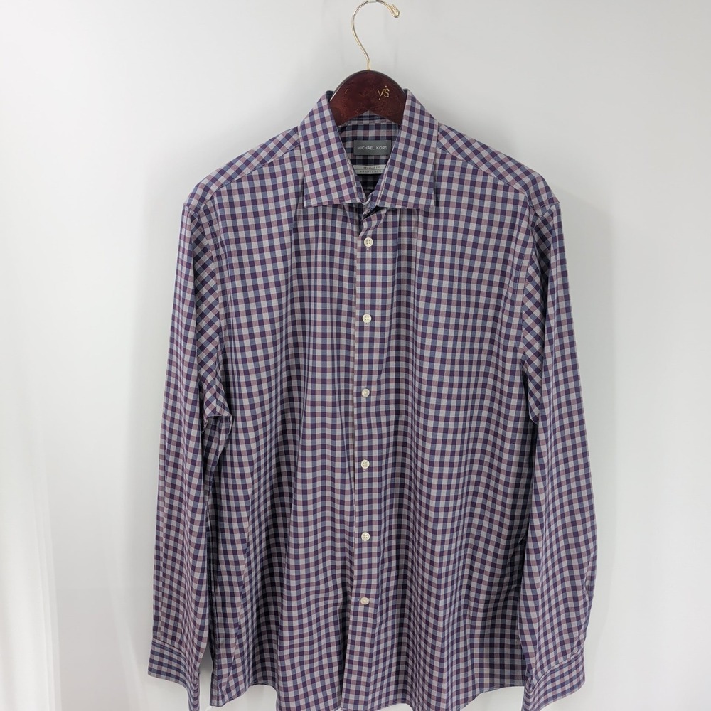 Michael Kors Airsoft Stretch Long Sleeve Check Button Up Shirt Purple 17 34x35